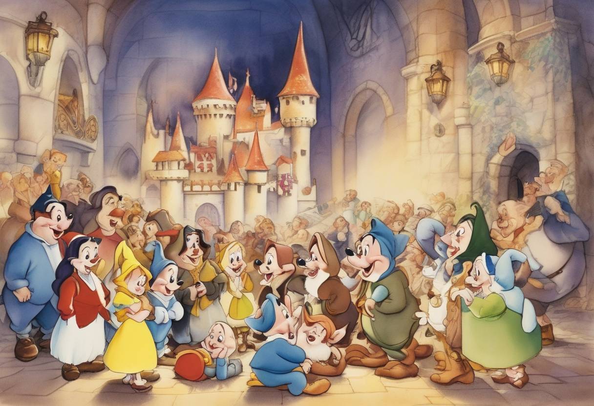 Watercolor painting based depiction of The first full-length animated feature film, Disney's 'Snow White and the Seven Dwarfs,' premiered at the Carthay Circle Theatre in Los Angeles, California. (1937)