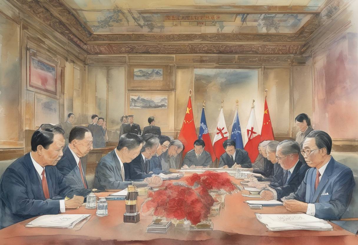 Watercolor painting based depiction of The Sino-British Joint Declaration was signed, agreeing to the transfer of sovereignty over Hong Kong from the United Kingdom to China in 1997. (1984)