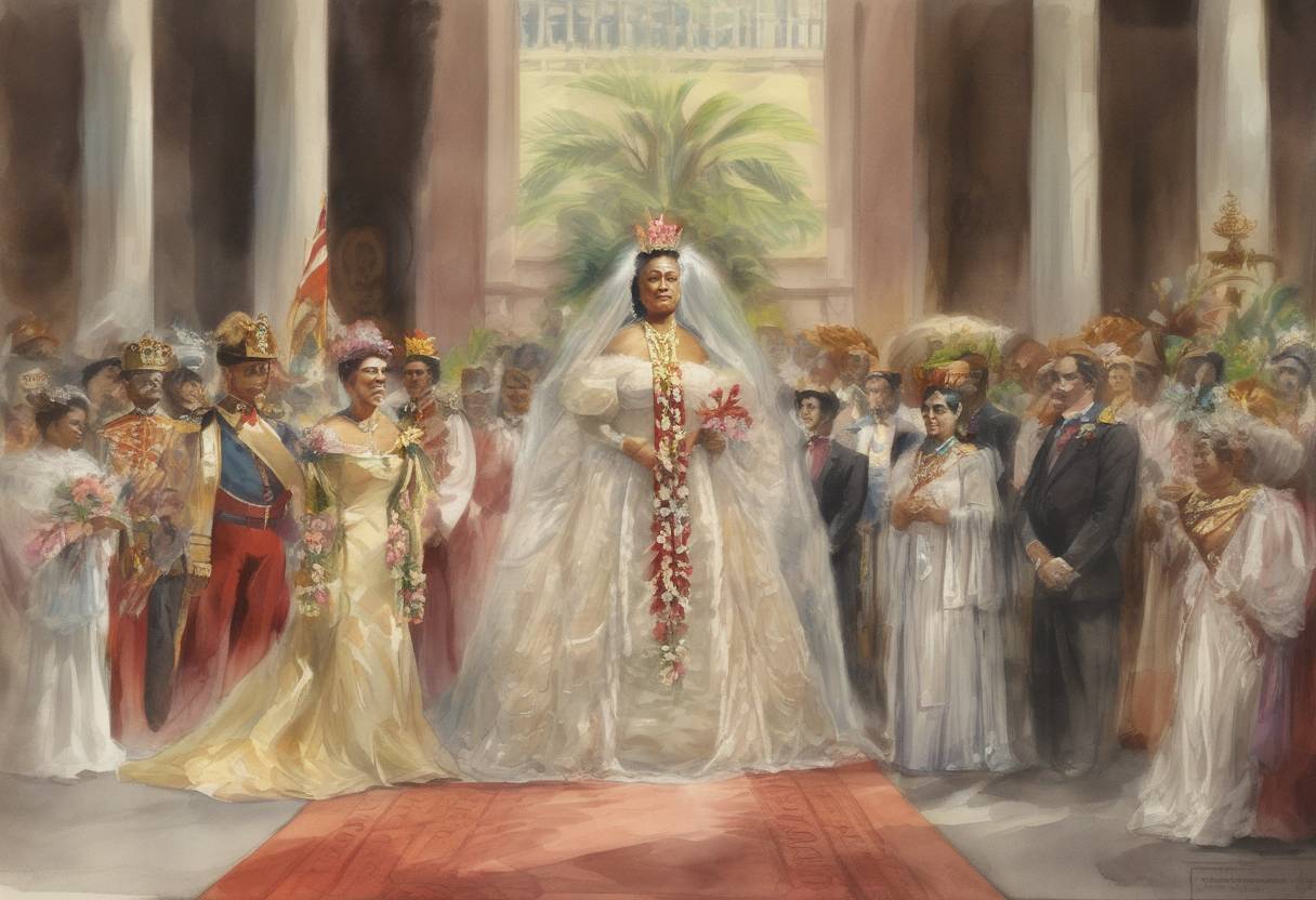 Watercolor painting based depiction of Liliuokalani is proclaimed the last monarch and only queen regnant of the Kingdom of Hawaii. (1891)