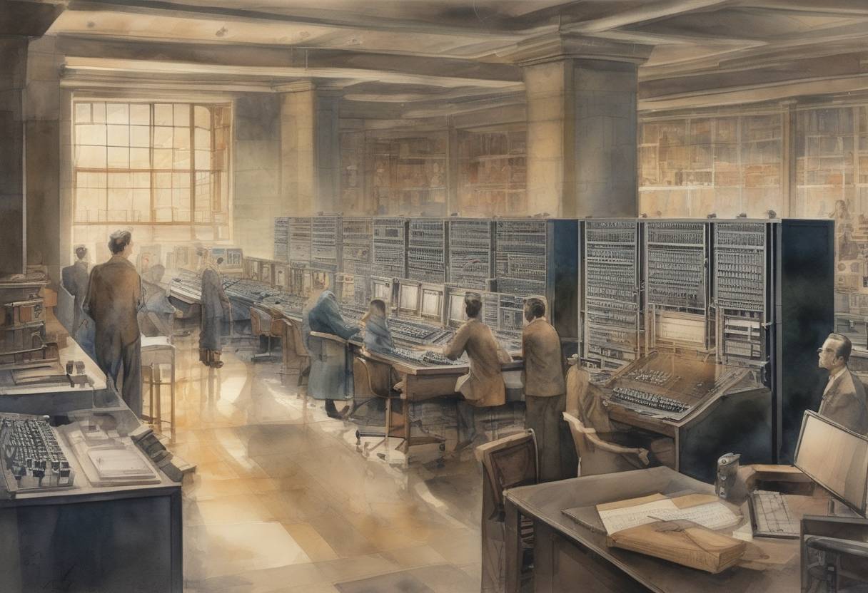 Watercolor painting based depiction of The Electronic Numerical Integrator and Computer (ENIAC), the first general-purpose electronic digital computer, was formally dedicated at the University of Pennsylvania. (1946)