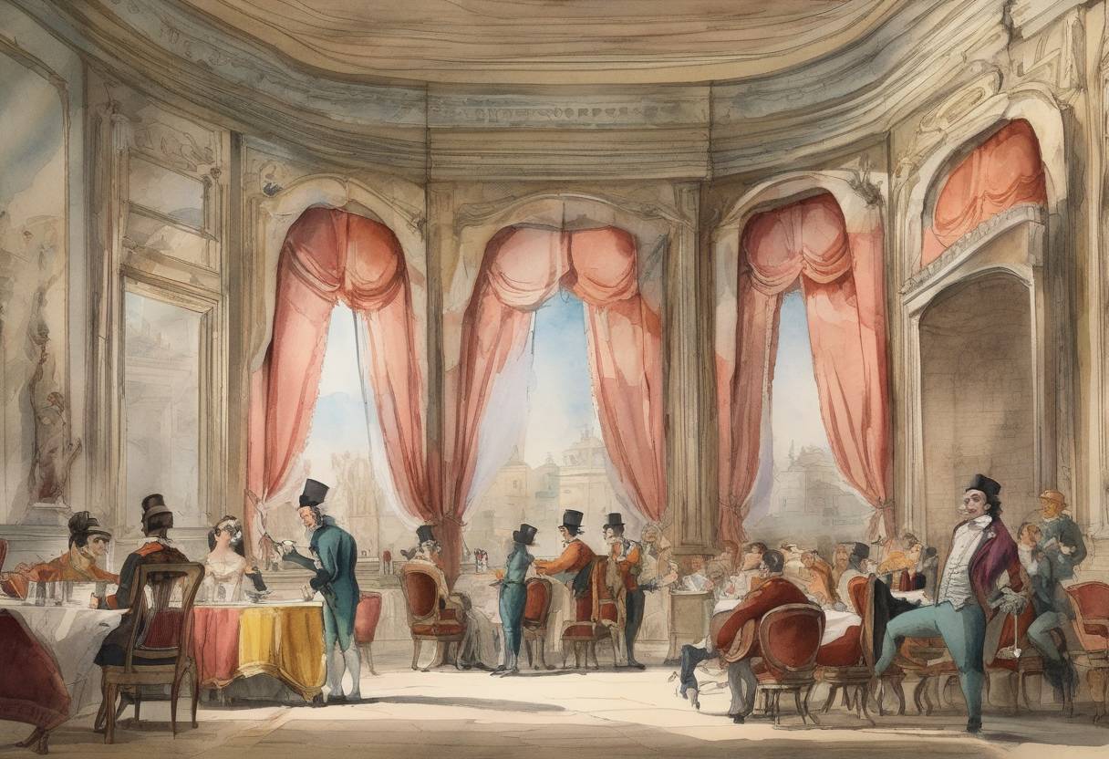 Watercolor painting based depiction of Rossini's opera 'The Barber of Seville' premiered at the Teatro Argentina in Rome. (1816)