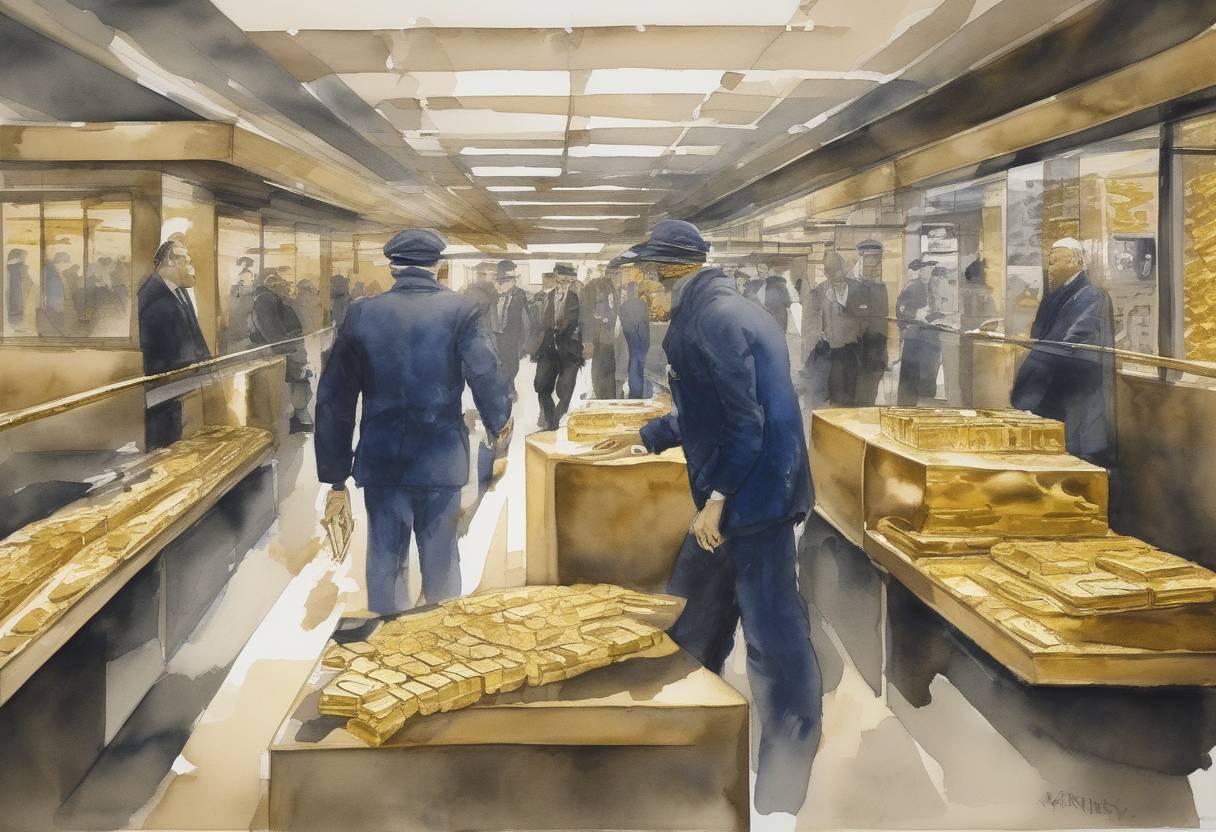 Watercolor painting based depiction of A Brinks Mat robbery at Heathrow Airport results in the theft of gold bullion worth nearly £26 million. (1983)