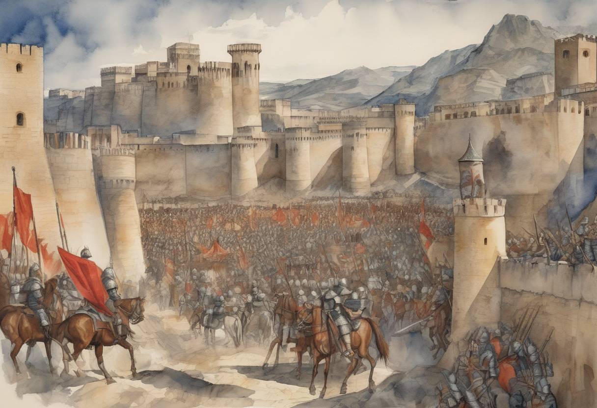 Watercolor painting based depiction of The siege of Granada begins, marking the final phase of the Reconquista. (1491)