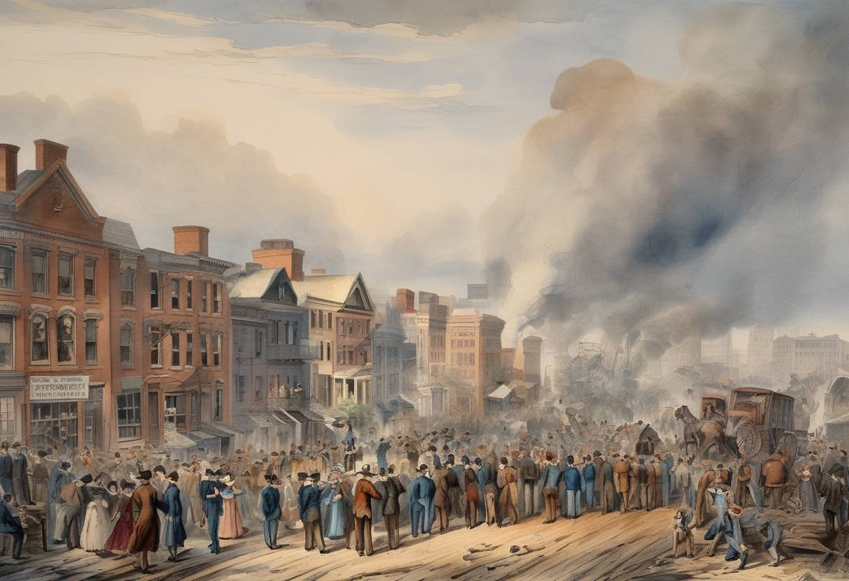 Watercolor painting based depiction of The Panic of 1857 begins, a financial crisis in the United States caused by the declining international economy and over-expansion of the domestic economy. (1857)