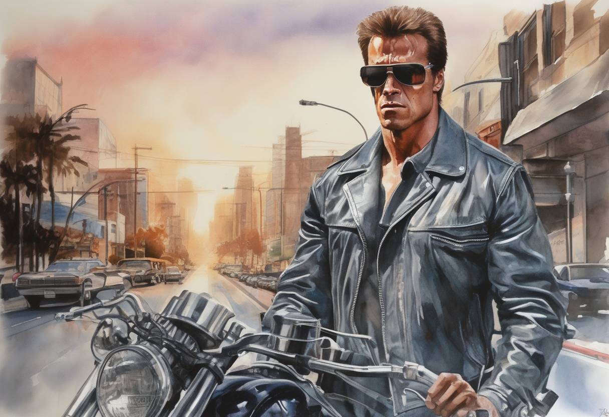 Watercolor painting based depiction of The Terminator, directed by James Cameron and starring Arnold Schwarzenegger, was released in the United States, becoming a significant cultural and cinematic milestone. (1984)