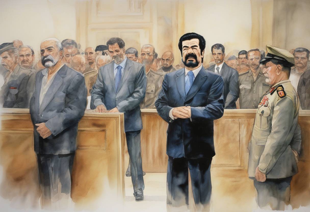 Watercolor painting based depiction of Saddam Hussein, former President of Iraq, is sentenced to death by hanging for crimes against humanity by the Iraqi High Tribunal. (2006)