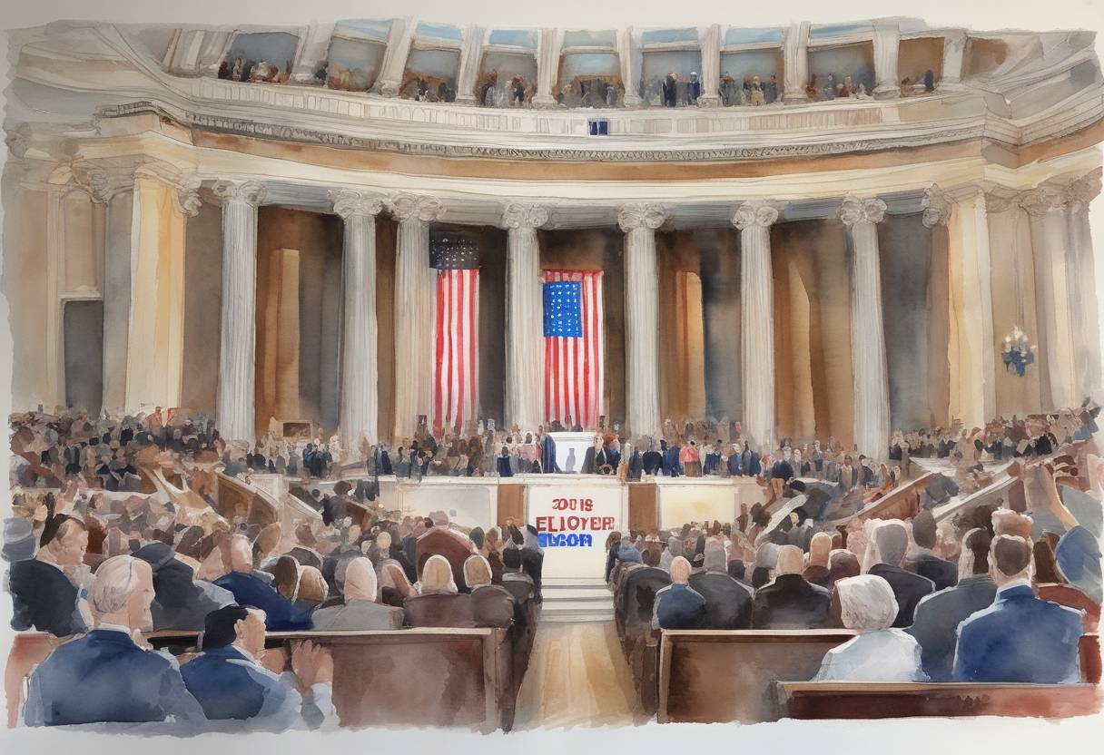 Watercolor painting based depiction of The United States midterm elections were held, resulting in the Democratic Party gaining control of the House of Representatives, while the Republican Party retained control of the Senate. This election was notable for its high voter turnout and the election of a record number of women and minority candidates. (2018)