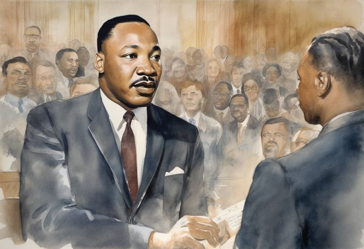 Watercolor painting based depiction of Dr. Martin Luther King Jr. received the Nobel Peace Prize for his nonviolent struggle against racial segregation and discrimination in the United States. (1964)