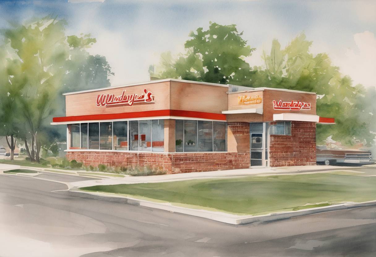 Watercolor painting based depiction of The first Wendy's restaurant opens in Columbus, Ohio, founded by Dave Thomas, marking the beginning of a major fast-food chain. (1969)