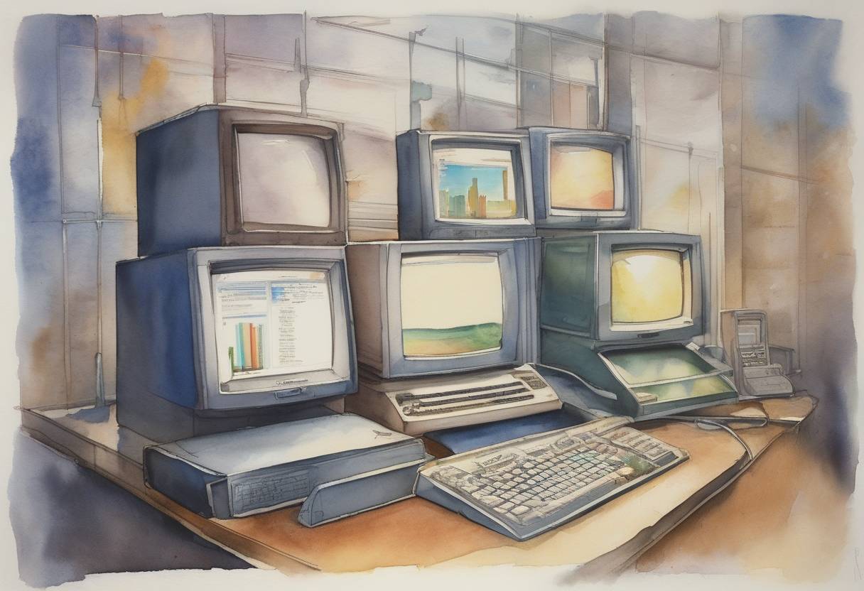 Watercolor painting based depiction of Bill Gates introduced Windows 1.0, the first version of the Microsoft Windows line of operating systems. (1983)