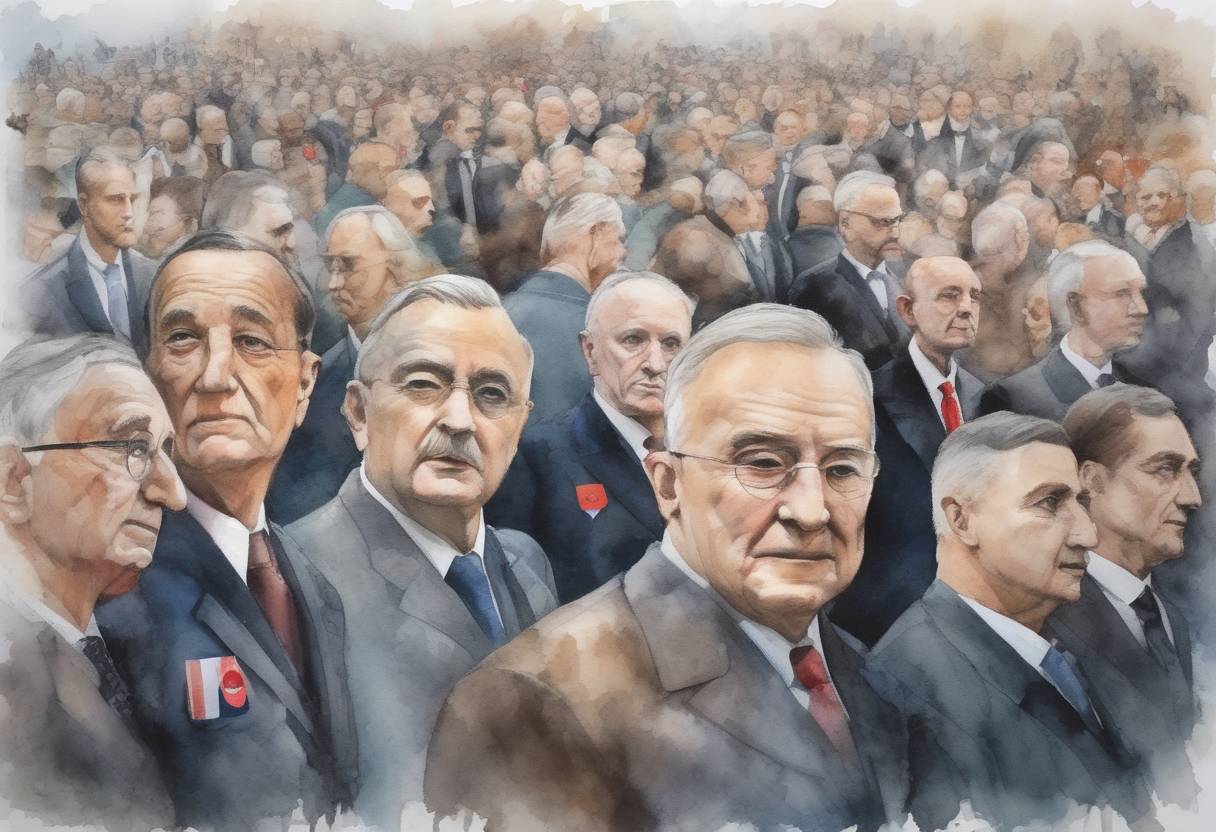 Watercolor painting based depiction of World leaders gathered in Paris to mark the centenary of the end of World War I. The event was attended by numerous heads of state and government, emphasizing the importance of peace and remembrance. (2018)