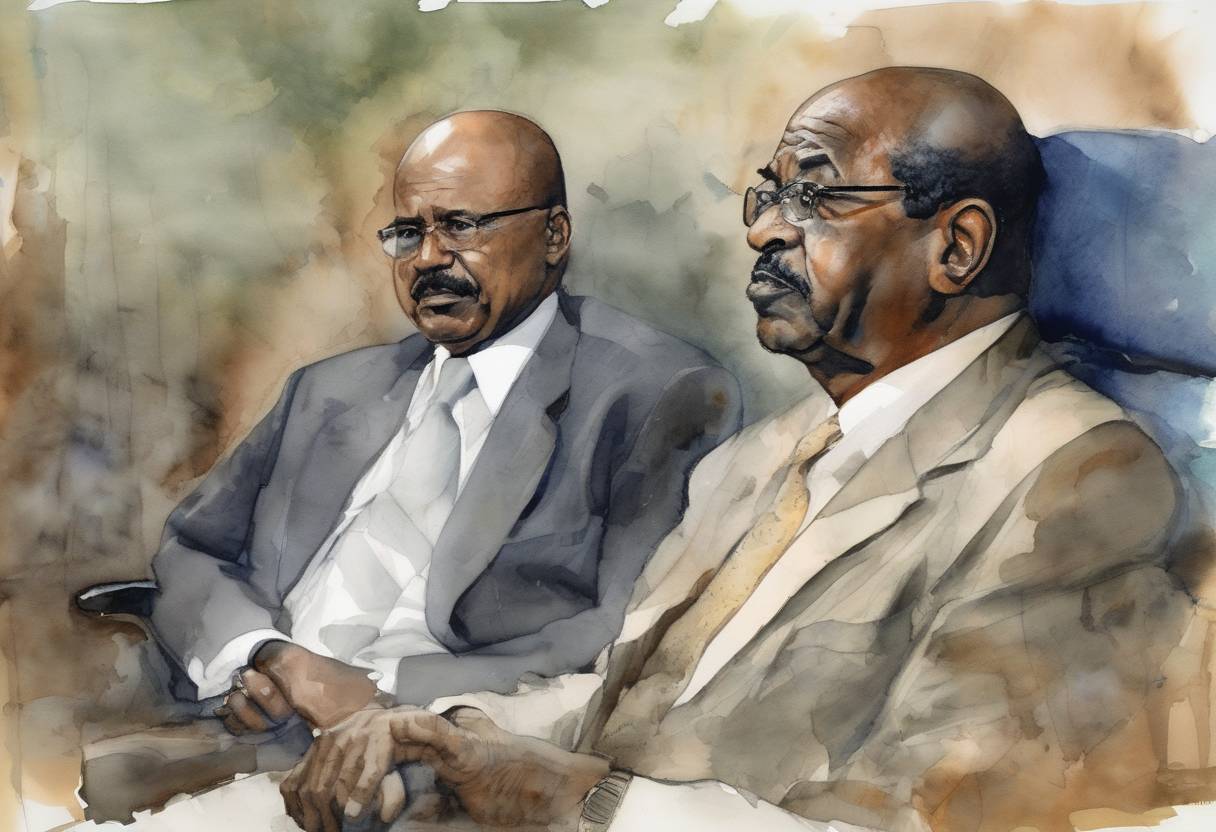 Watercolor painting based depiction of The International Criminal Court issued an arrest warrant for Sudanese President Omar al-Bashir on charges of war crimes and crimes against humanity in Darfur. (2009)