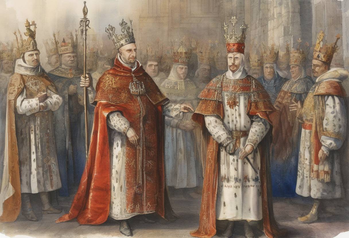 Watercolor painting based depiction of Władysław II Jagiełło was crowned King of Poland. (1386)