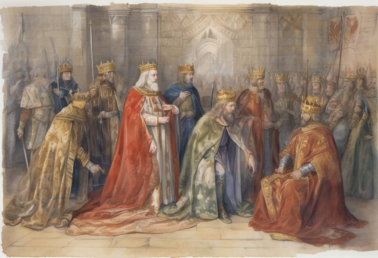 Watercolor painting based depiction of King Edward III of England died, marking the end of his 50-year reign and the beginning of the reign of his grandson, Richard II. (1377)
