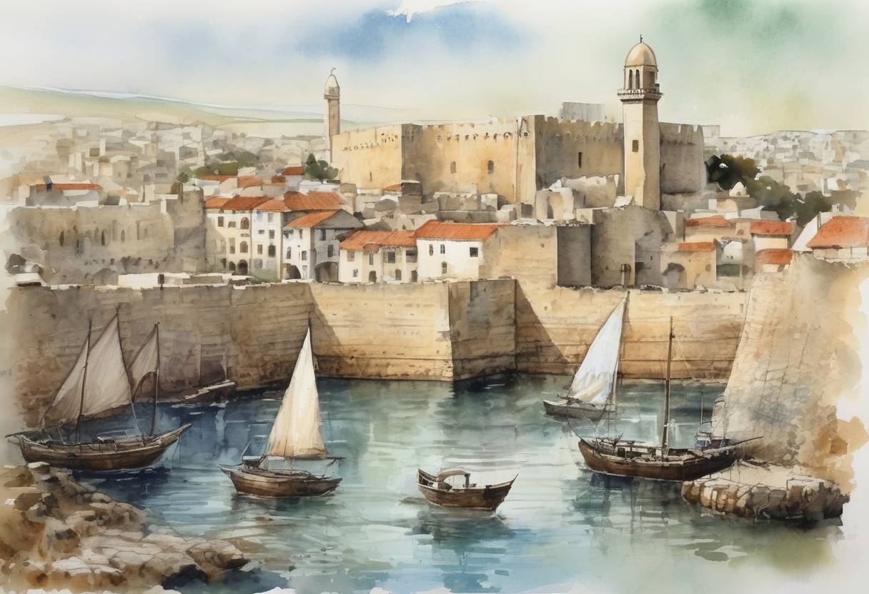 Watercolor painting based depiction of The city of Acre, the last major stronghold of the Crusader states in the Holy Land, fell to the Mamluks, marking the end of Crusader presence in the region. (1291)
