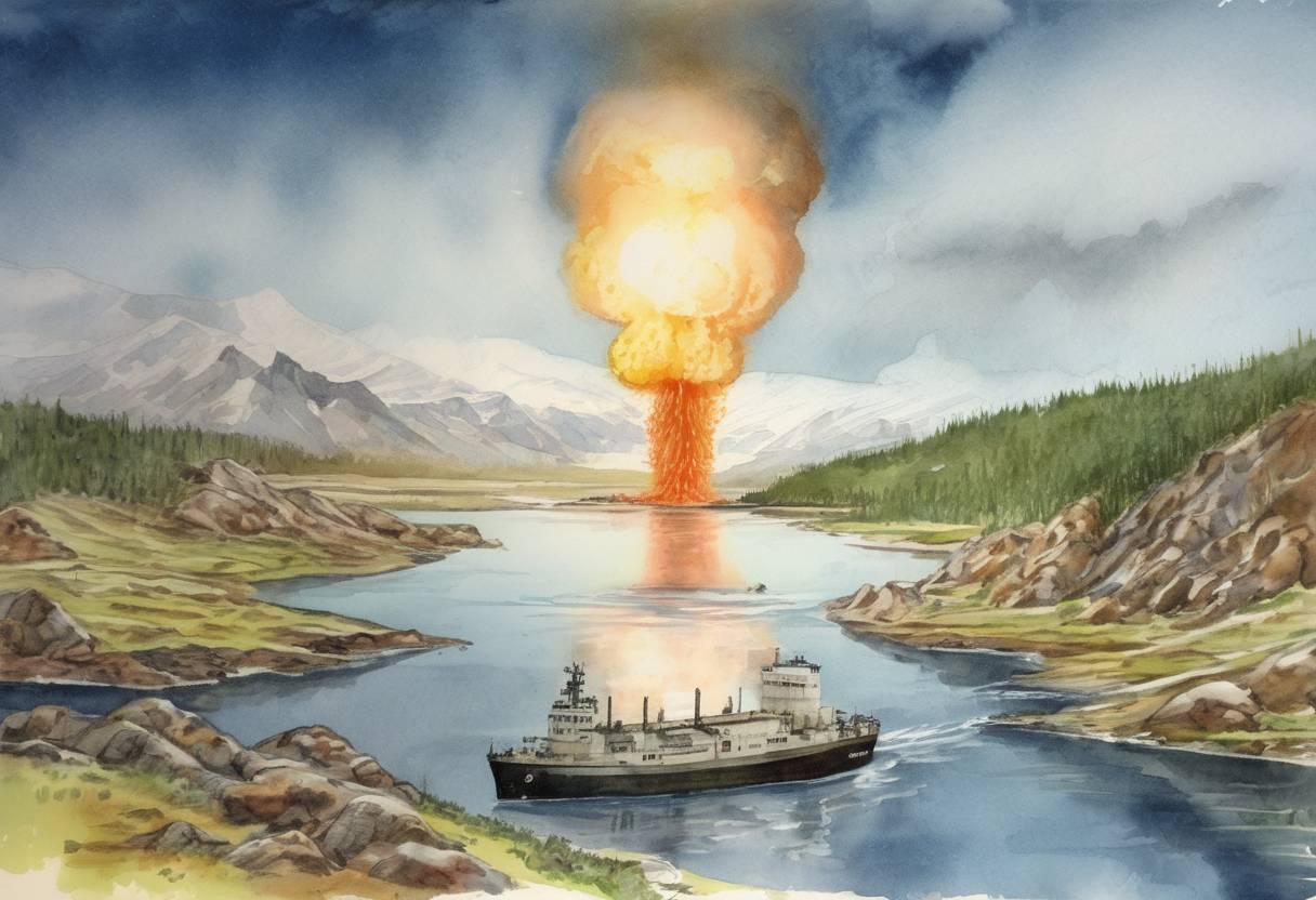 Watercolor painting based depiction of The United States Atomic Energy Commission tested the largest underground hydrogen bomb, codenamed Cannikin, on Amchitka Island in Alaska. (1971)