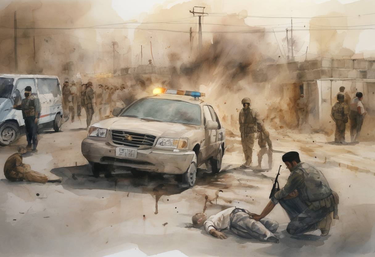 Watercolor painting based depiction of A suicide bomber kills 13 people and injures 30 others at a police checkpoint in Baghdad, Iraq, highlighting ongoing instability in the region. (2008)