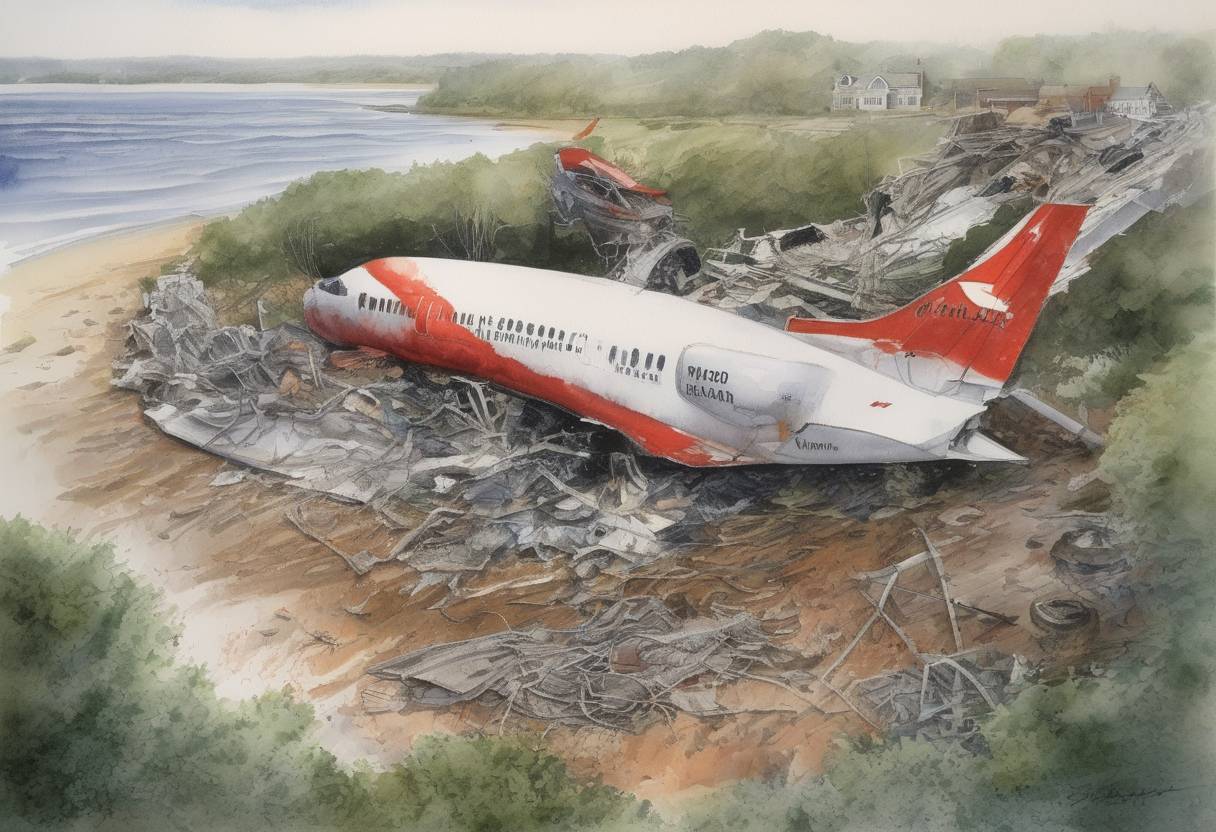 Watercolor painting based depiction of Avianca Flight 52 crashes into Cove Neck, Long Island, due to fuel exhaustion, killing 73 people. (1990)