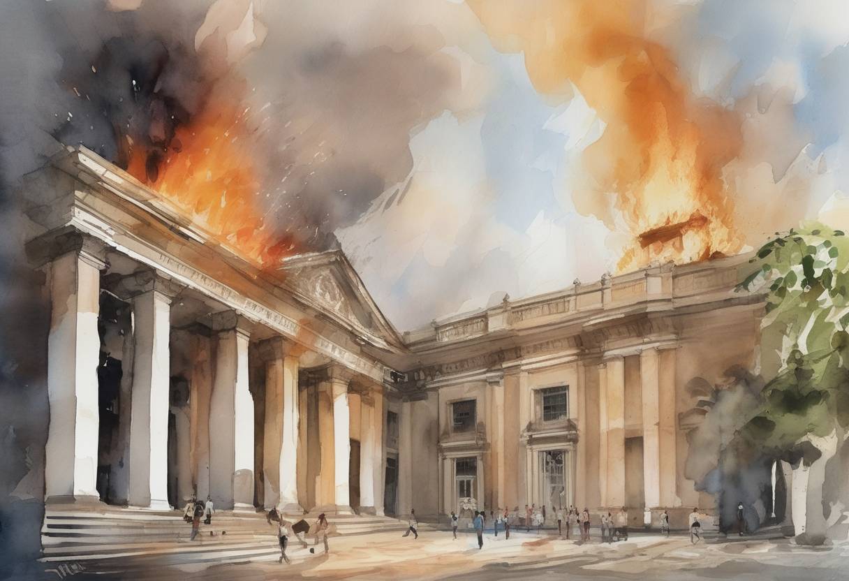 Watercolor painting based depiction of A fire broke out at the National Museum of Brazil in Rio de Janeiro, causing extensive damage and the loss of millions of artifacts, including many irreplaceable items from Brazil's history and natural history collections. (2018)