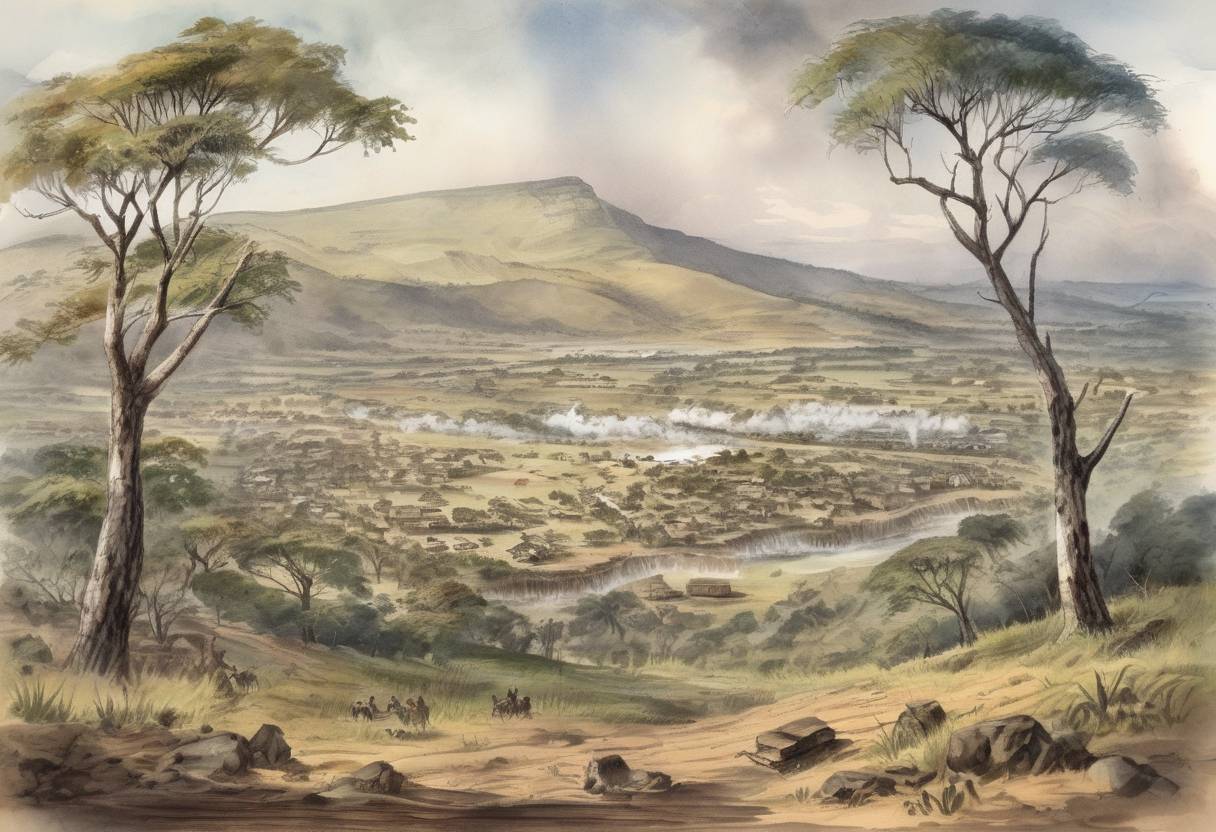 Watercolor painting based depiction of Anglo-Zulu War: The Zululand capital of Ulundi is captured by British forces, effectively ending the war. (1879)