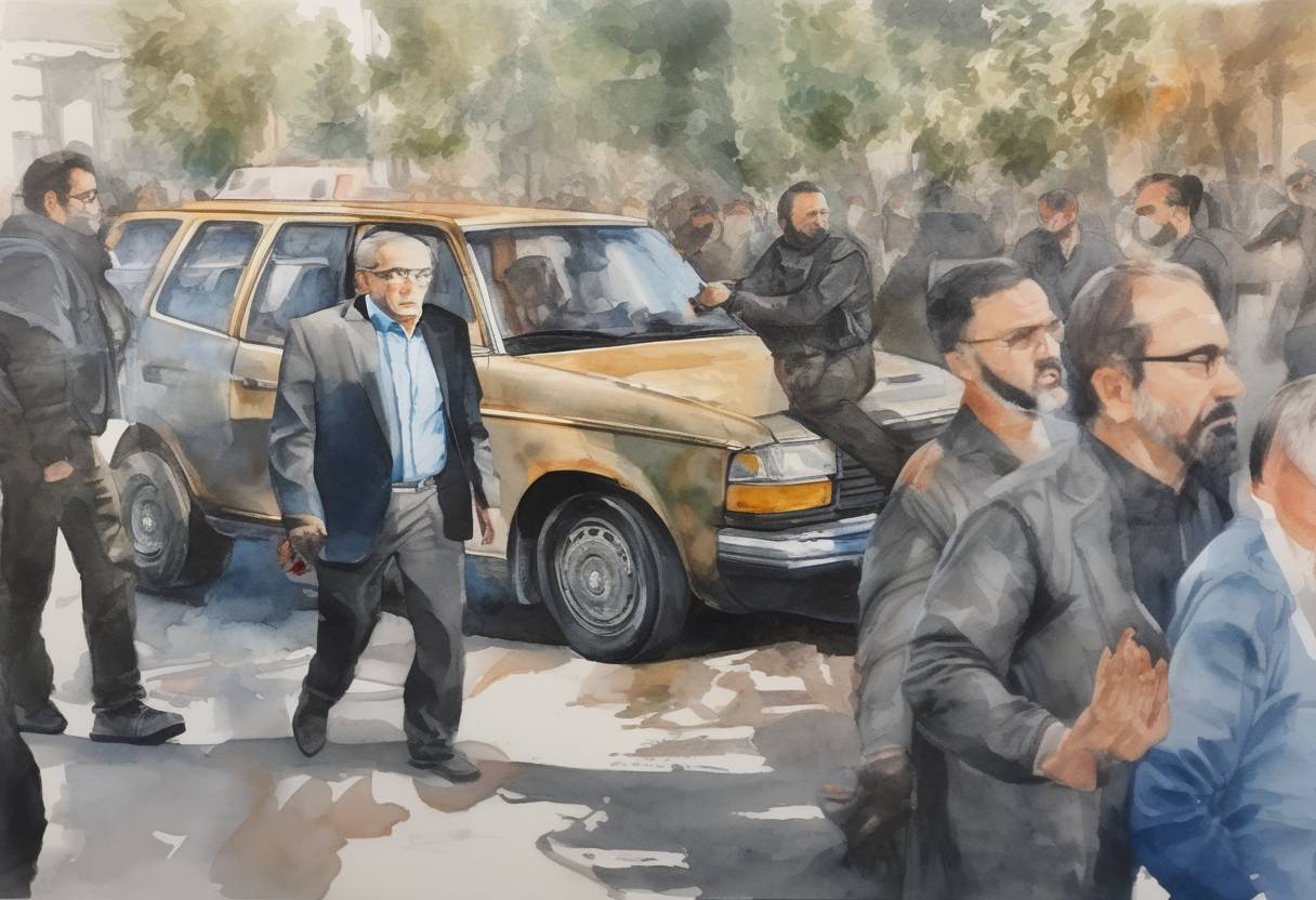 Watercolor painting based depiction of Iranian nuclear scientist Mohsen Fakhrizadeh is assassinated near Tehran, an event that escalates tensions in the region and leads to widespread speculation about the involvement of foreign intelligence agencies. (2020)