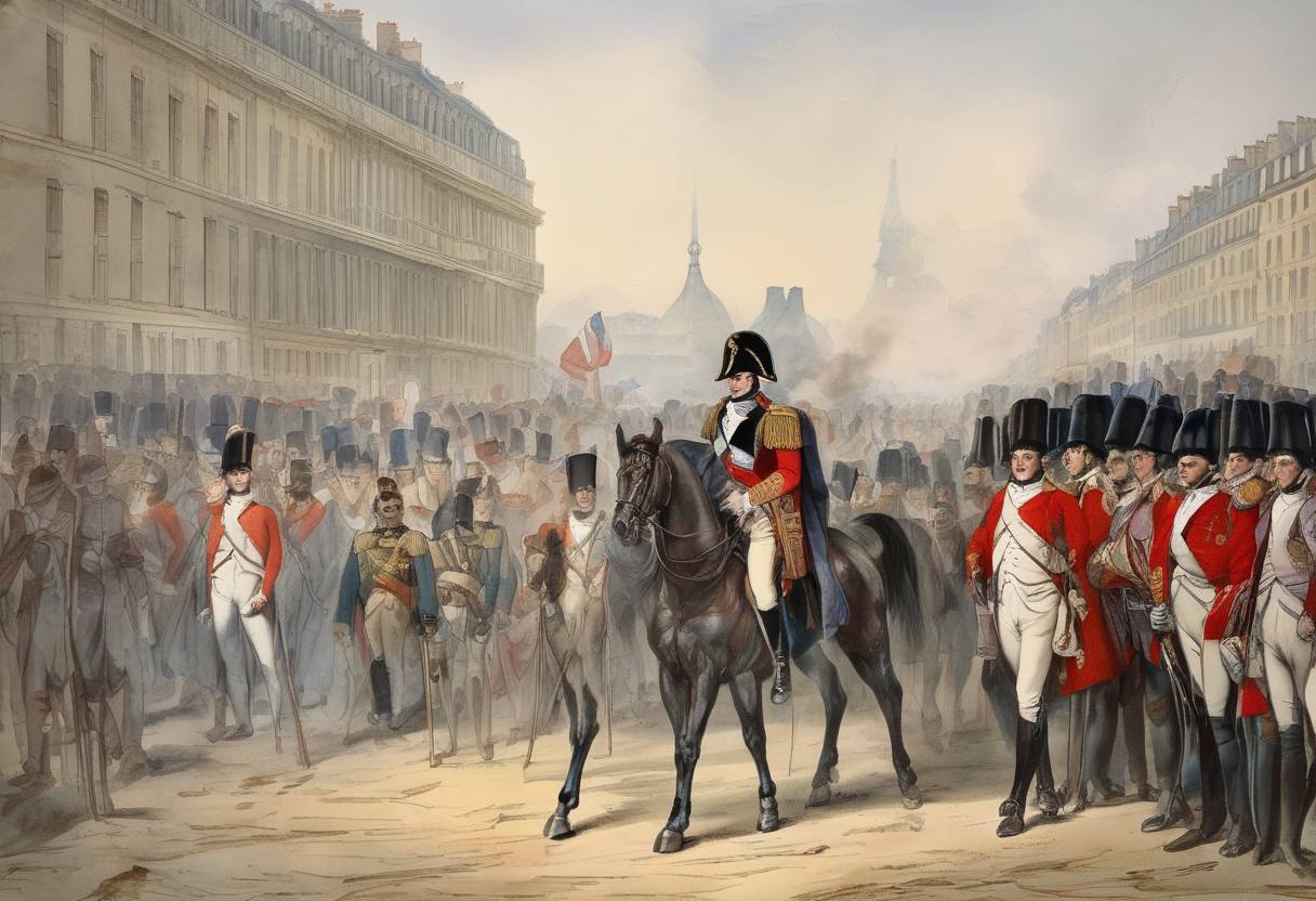 Watercolor painting based depiction of Napoleon Bonaparte returned to Paris after escaping from exile on the island of Elba, beginning the Hundred Days period that led to the Battle of Waterloo. (1815)