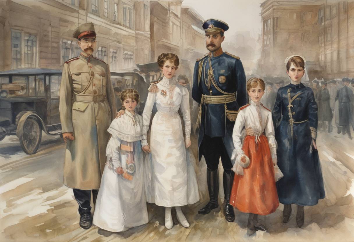 Watercolor painting based depiction of The Romanov family, the last imperial dynasty of Russia, was executed by Bolsheviks in Yekaterinburg, marking a significant turning point in the Russian Revolution. (1918)