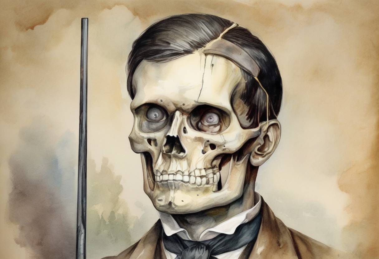 Watercolor painting based depiction of Phineas Gage, a railroad construction foreman, survived a severe brain injury when an iron rod was accidentally driven through his skull, leading to significant changes in his personality and contributing to the study of neuroscience. (1848)