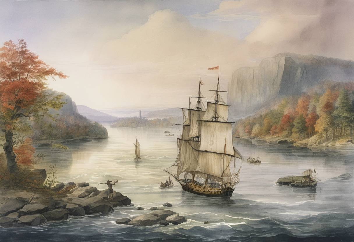 Watercolor painting based depiction of Henry Hudson began his exploration of the river that would later be named after him, the Hudson River, during his search for a Northwest Passage. (1609)