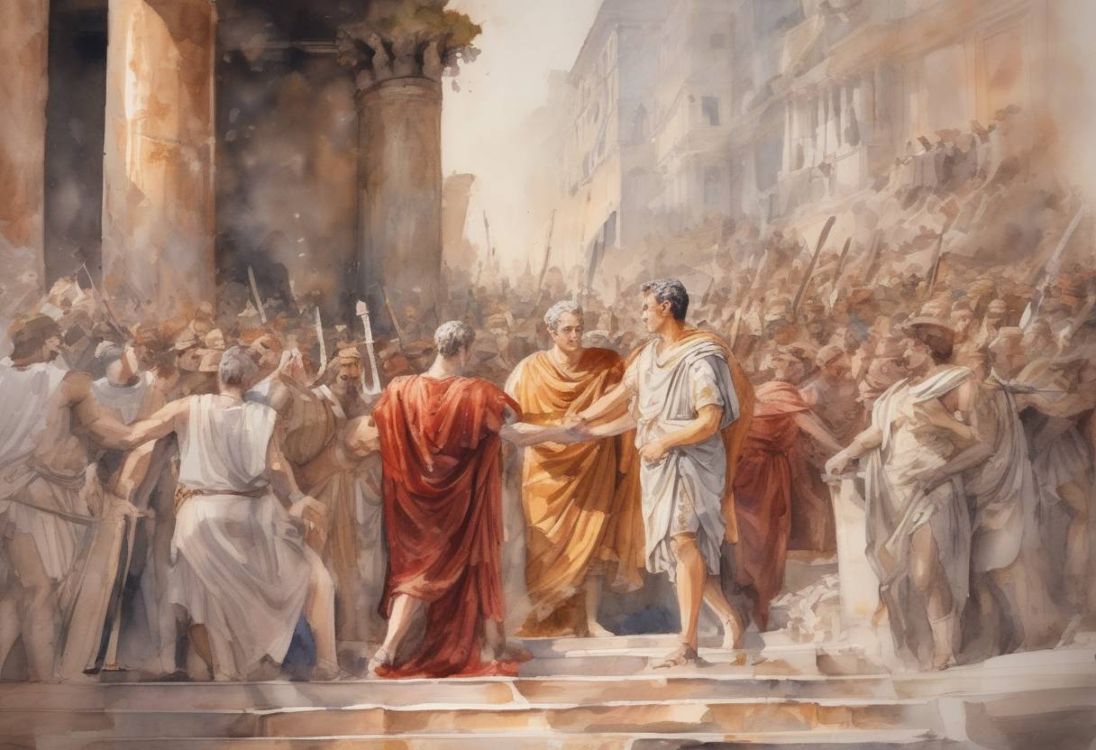 Watercolor painting based depiction of The Roman Emperor Titus dies, and his brother Domitian succeeds him as Emperor of Rome. (81)