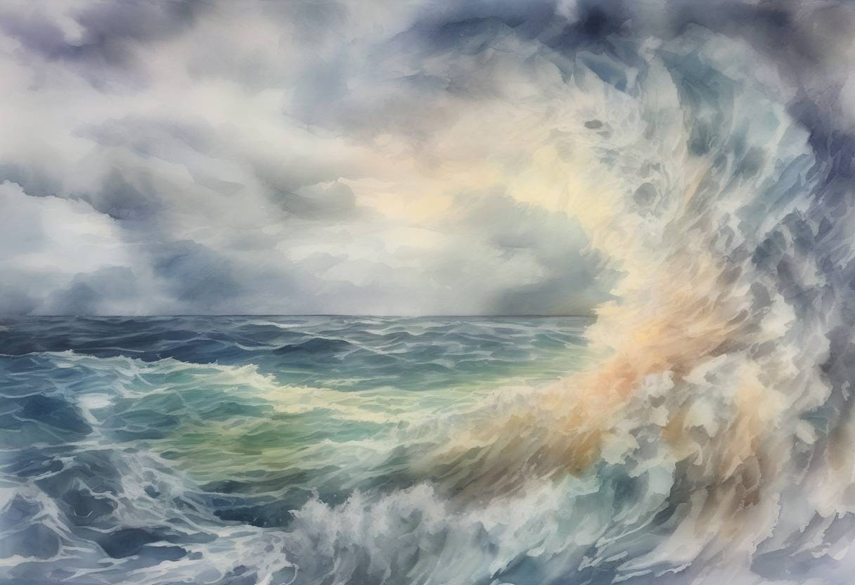 Watercolor painting based depiction of Hurricane Irma strengthens to a Category 5 hurricane, becoming one of the strongest hurricanes ever recorded in the Atlantic Ocean. (2017)