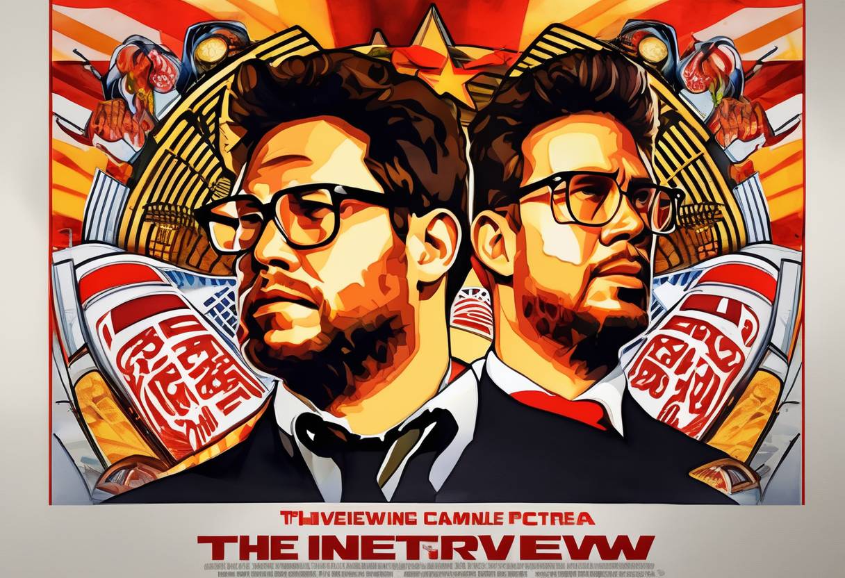 Watercolor painting based depiction of Sony Pictures released 'The Interview' online after initially canceling its release due to threats from hackers. The film's release followed a cyberattack attributed to North Korea. (2014)