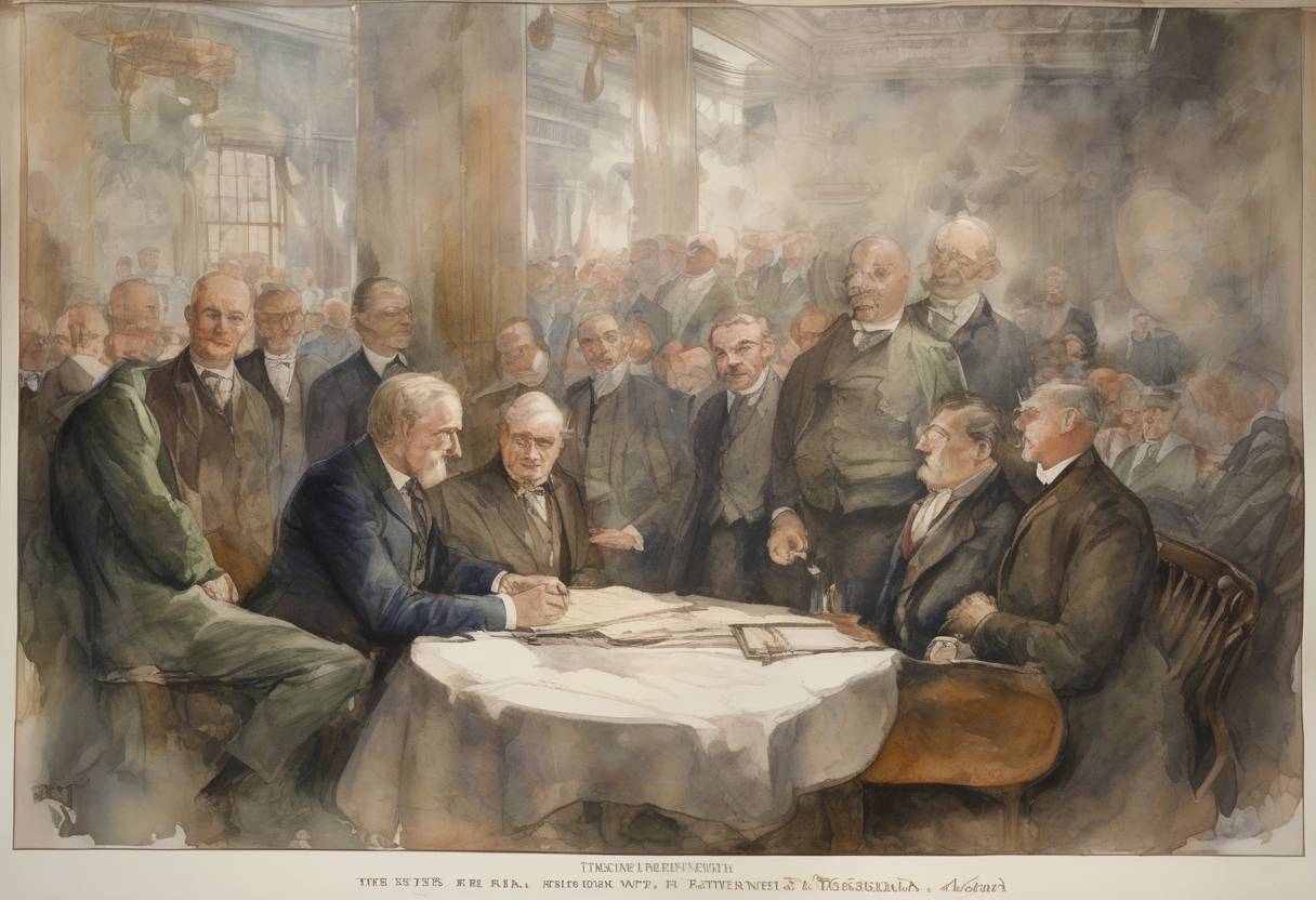 Watercolor painting based depiction of The Anglo-Irish Treaty was signed, ending the Irish War of Independence and establishing the Irish Free State as a self-governing dominion within the British Empire. (1921)
