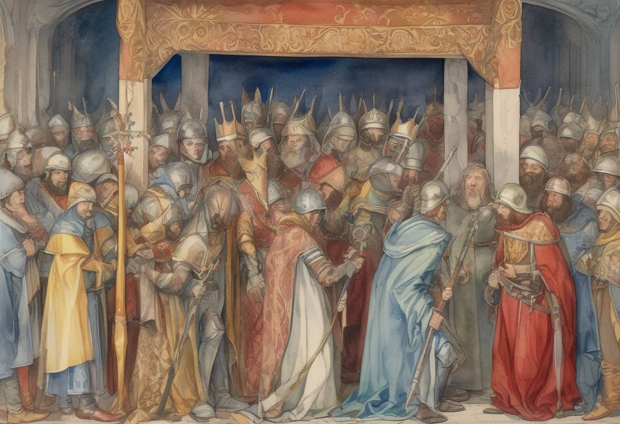 Watercolor painting based depiction of The death of Wenceslaus I, Duke of Bohemia, who was later canonized as Saint Wenceslaus. He was murdered by his brother Boleslaus the Cruel, which led to his veneration as a martyr and a saint, becoming a symbol of Czech statehood and Christian virtue. (935)