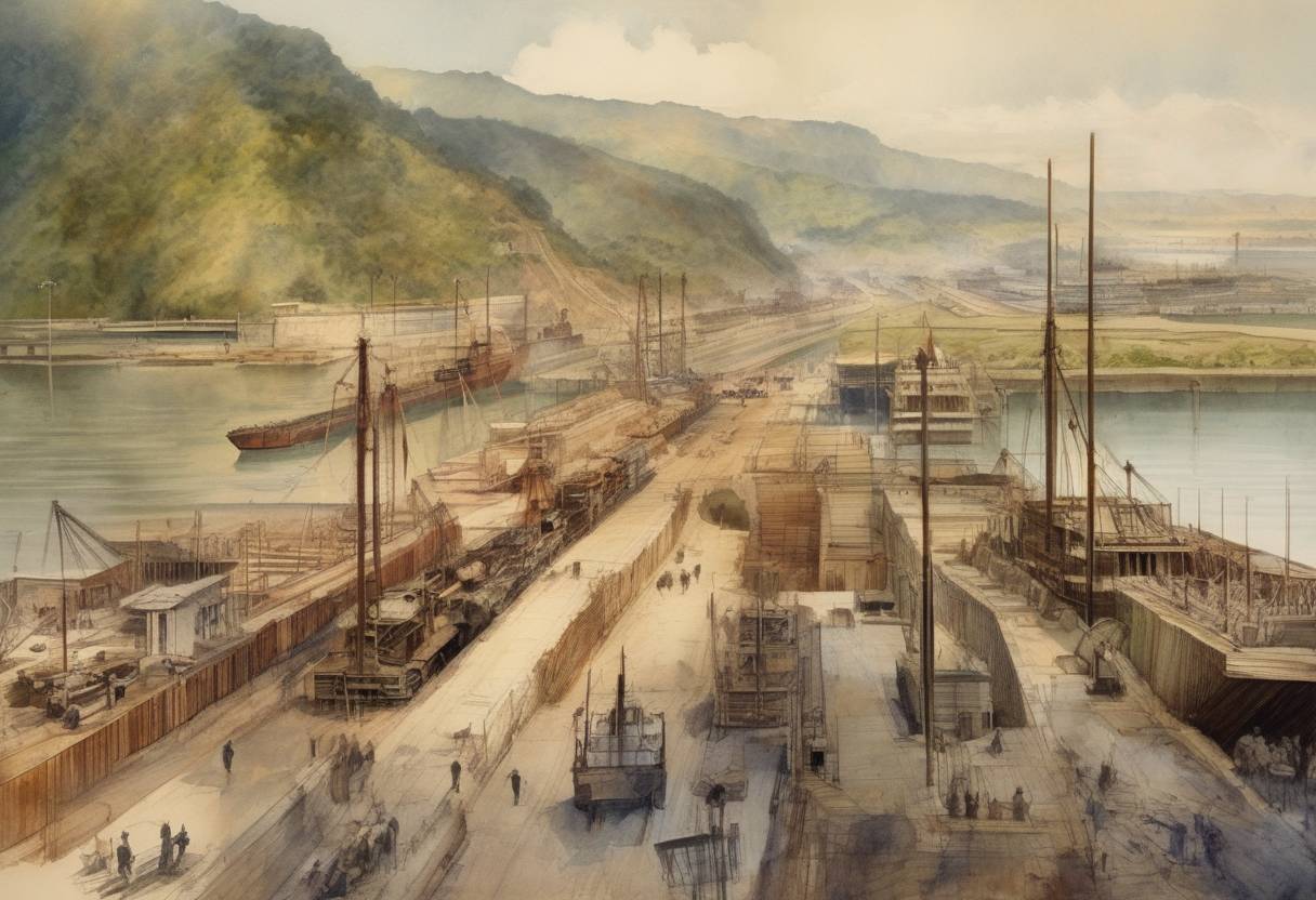 Watercolor painting based depiction of The United States took over the construction of the Panama Canal from the French, marking a significant step in its completion. (1904)