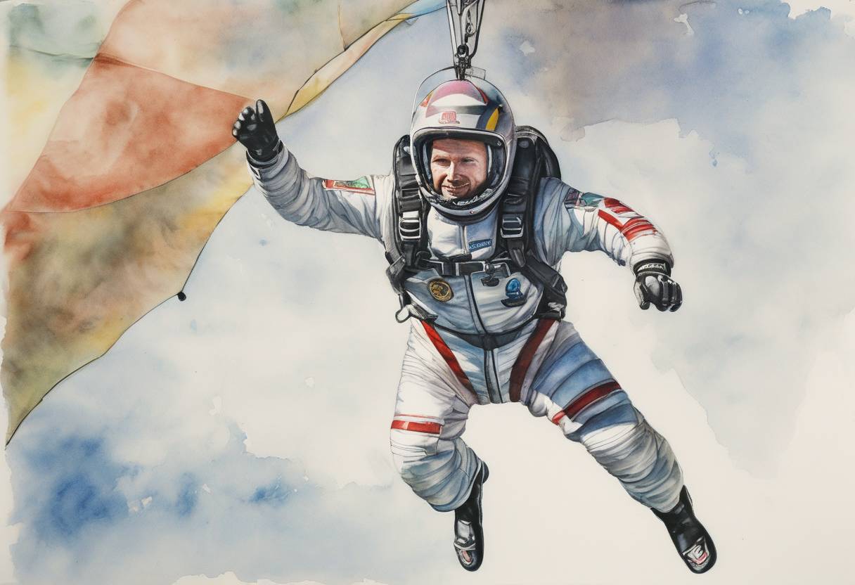 Watercolor painting based depiction of Austrian skydiver Felix Baumgartner set the world record for the highest skydive, jumping from a helium balloon in the stratosphere at an altitude of 39 kilometers (24 miles) above Roswell, New Mexico. (2007)