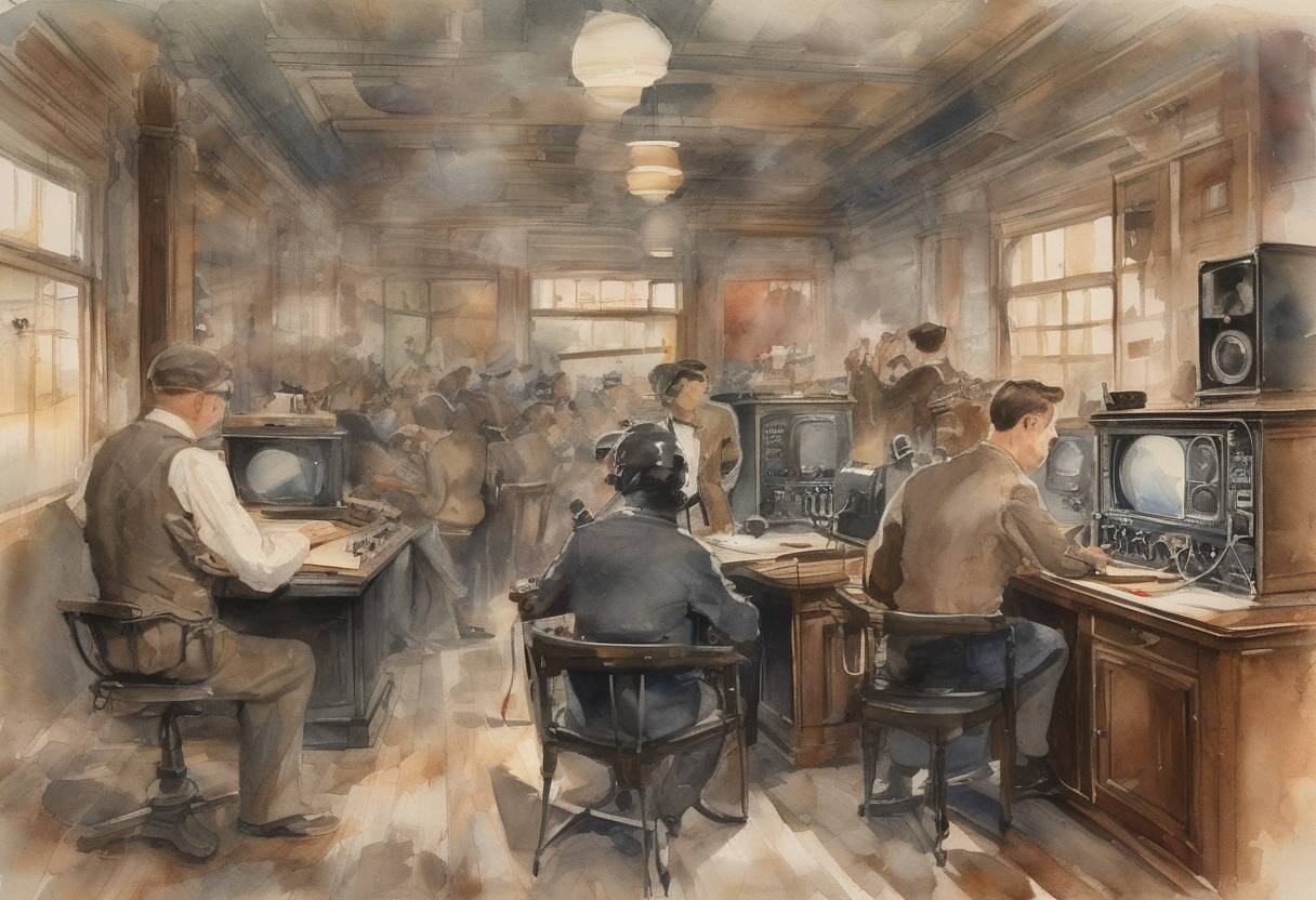 Watercolor painting based depiction of The first radio news program was broadcast by 8MK in Detroit, Michigan. (1920)