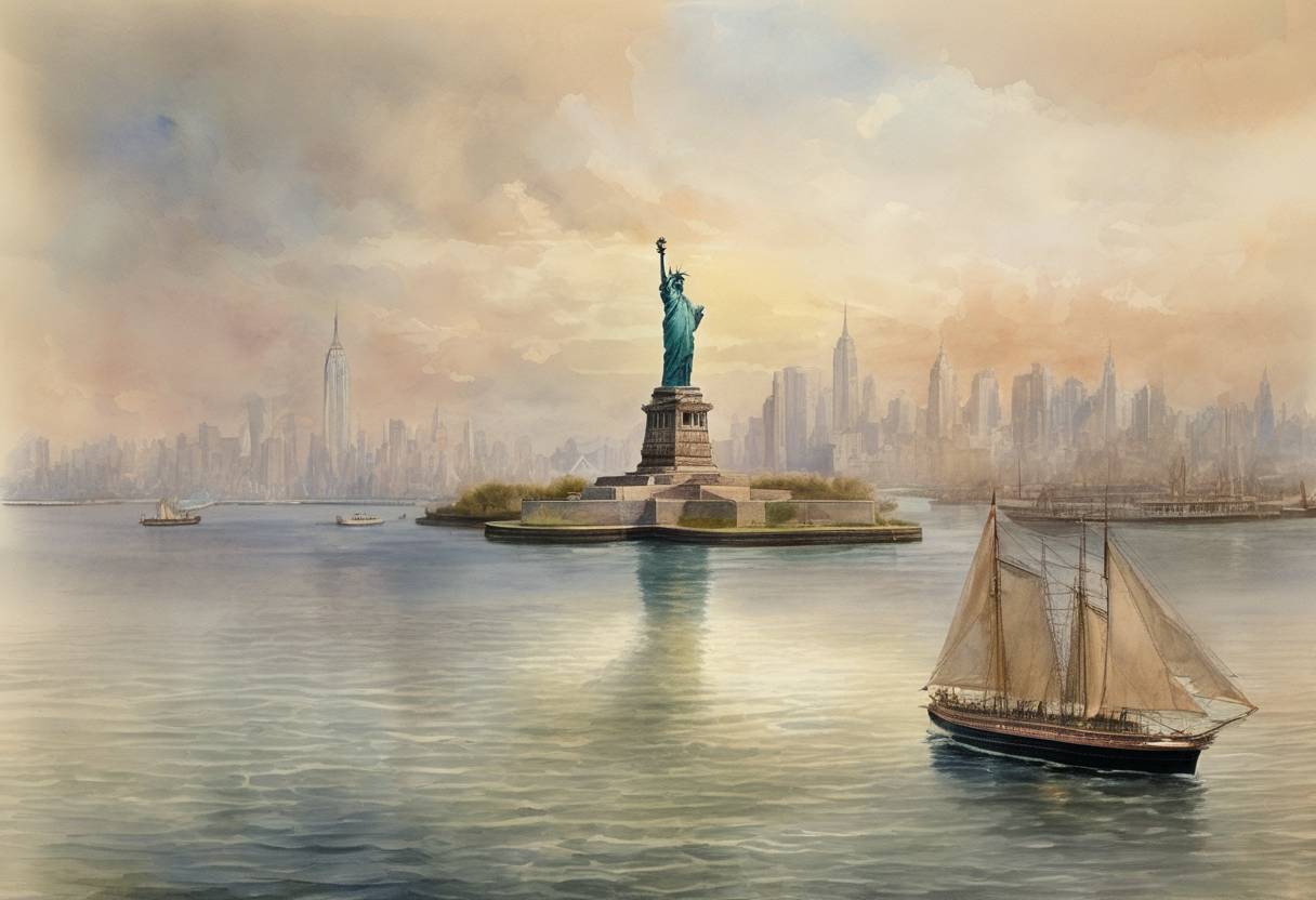 Watercolor painting based depiction of The Statue of Liberty is dedicated in New York Harbor by President Grover Cleveland. (1886)
