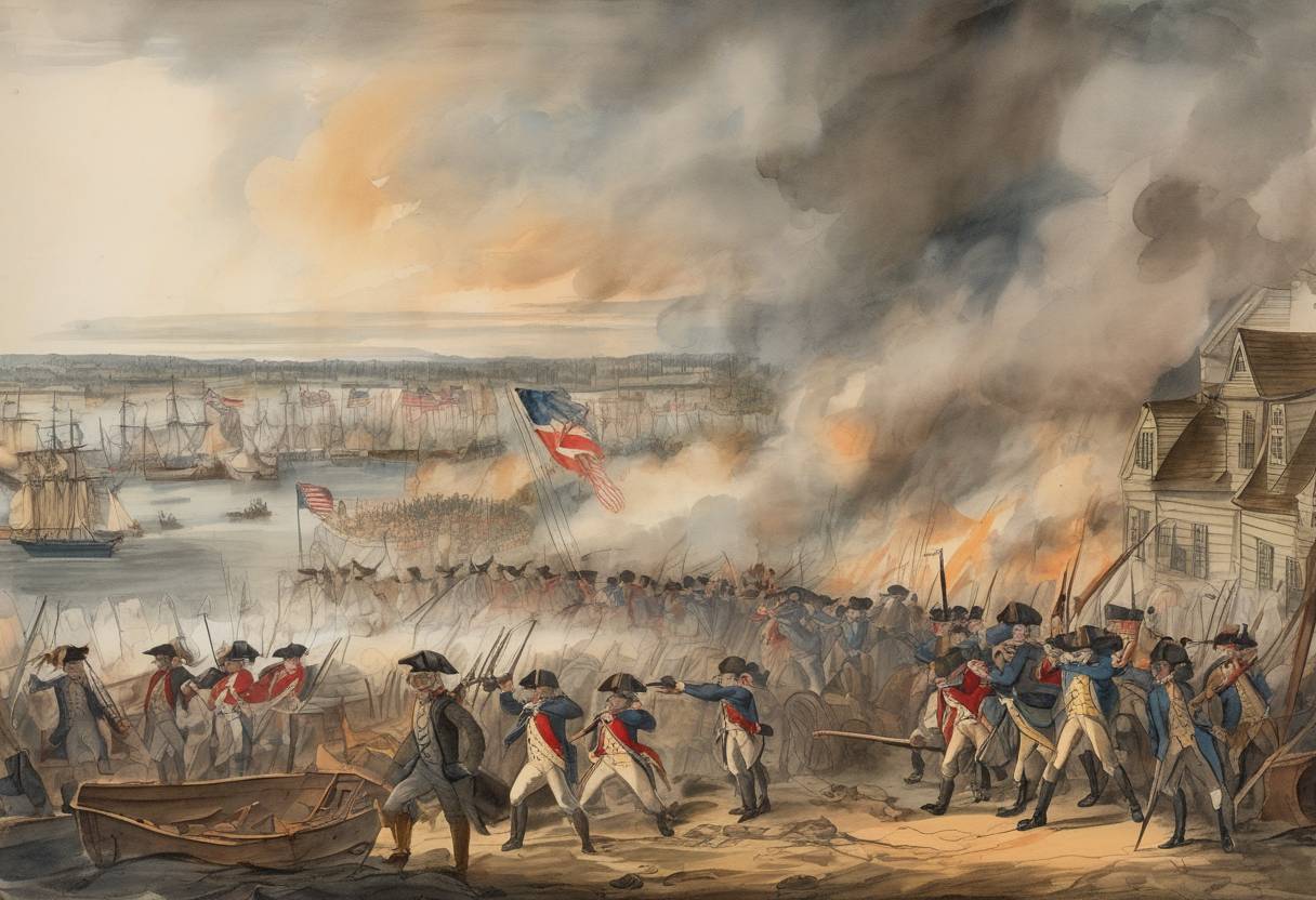 Watercolor painting based depiction of The Siege of Boston begins during the American Revolutionary War, following the battles of Lexington and Concord. (1775)