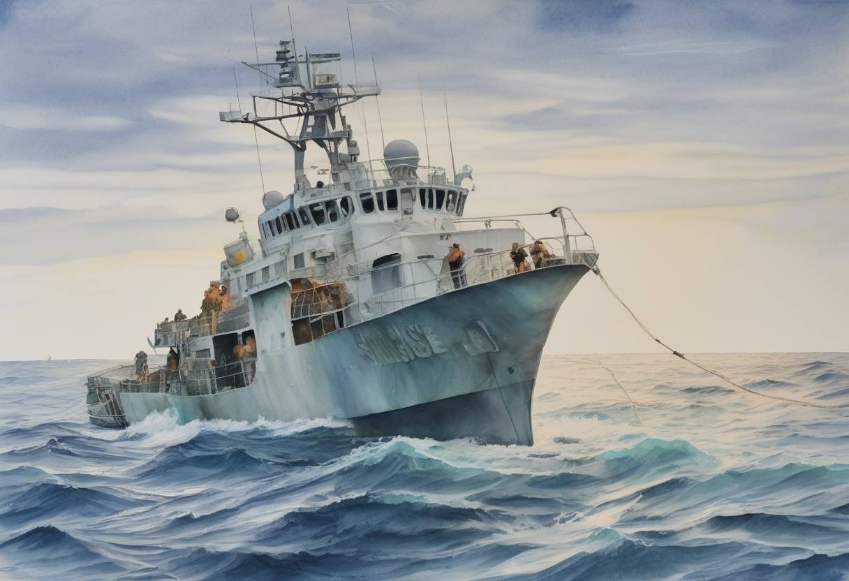 Watercolor painting based depiction of Captain Richard Phillips was rescued by the United States Navy after being held hostage by Somali pirates in the Indian Ocean. The rescue operation involved Navy SEAL snipers. (2009)