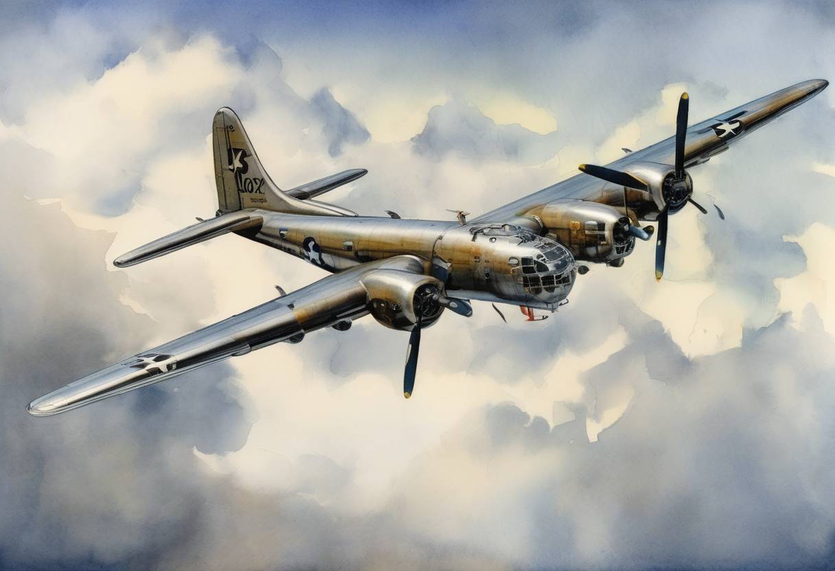 Watercolor painting based depiction of The Boeing B-29 Superfortress made its maiden flight, marking a significant advancement in aviation technology during World War II. (1942)