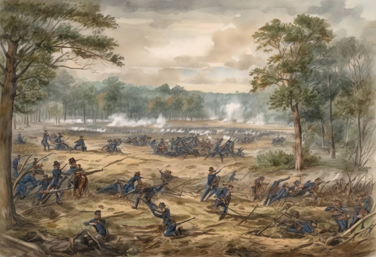 Watercolor painting based depiction of During the American Civil War, the Battle of Chancellorsville begins in Virginia, resulting in a significant Confederate victory. (1863)
