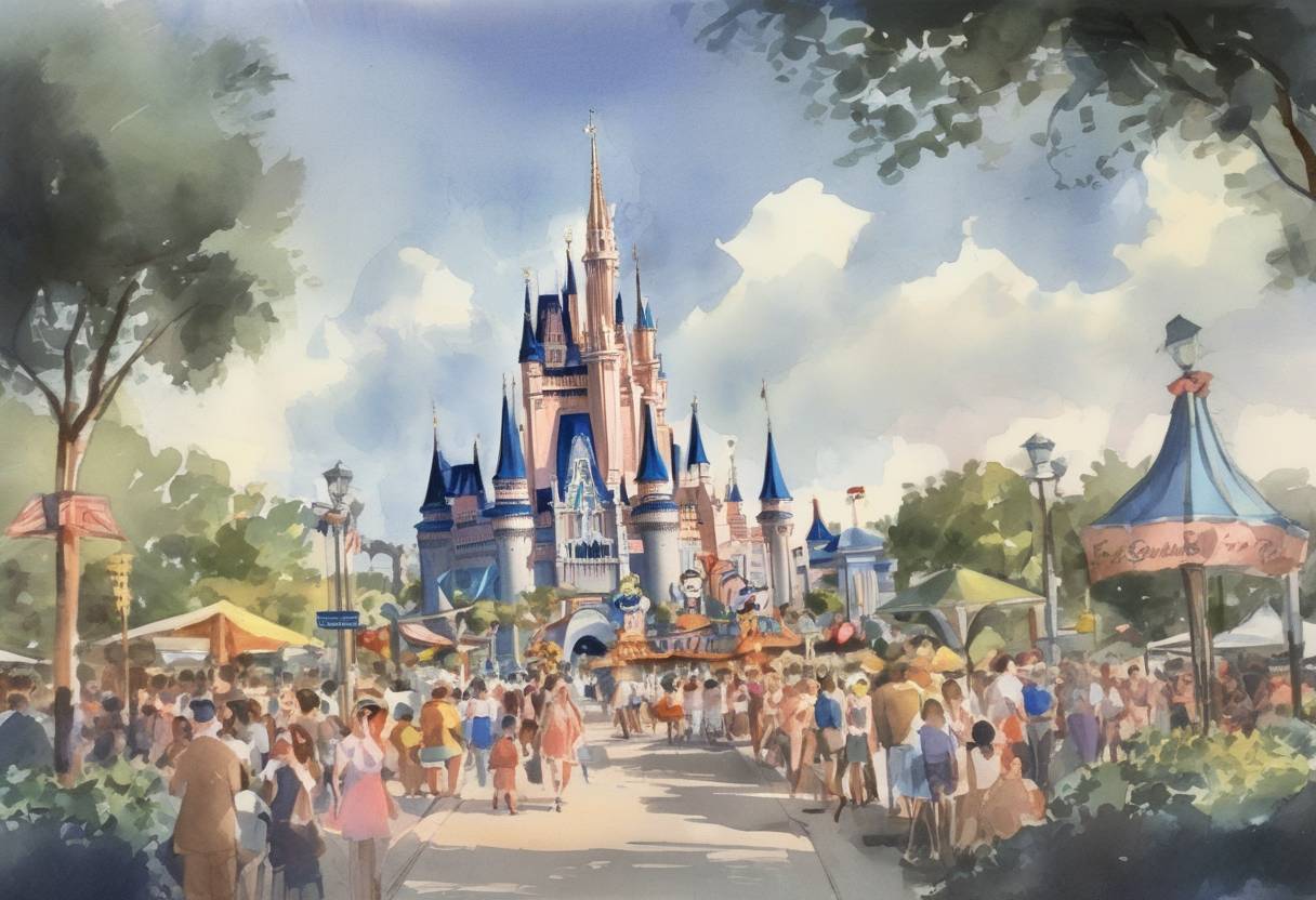 Watercolor painting based depiction of Walt Disney World Resort officially opened in Orlando, Florida, becoming one of the most popular tourist destinations in the world. (1971)