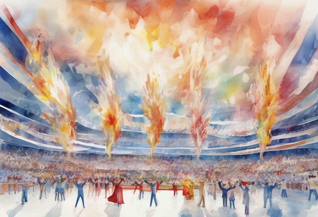 Watercolor painting based depiction of The closing ceremony of the 2014 Winter Olympics is held in Sochi, Russia, marking the end of the games that were notable for their high cost and controversies surrounding human rights and security. (2014)