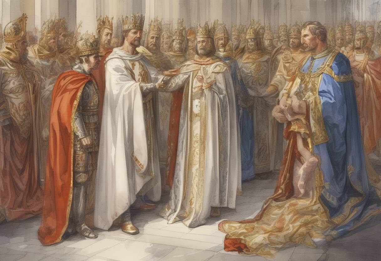 Watercolor painting based depiction of Holy Roman Emperor Otto II dies, leading to a succession crisis as his son, Otto III, is only three years old at the time. This event marks a significant moment in the history of the Holy Roman Empire. (983)