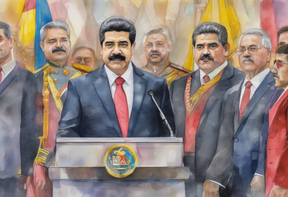Watercolor painting based depiction of Venezuelan President Nicolás Maduro is sworn in for a second term amid widespread international condemnation and allegations of election fraud. (2019)