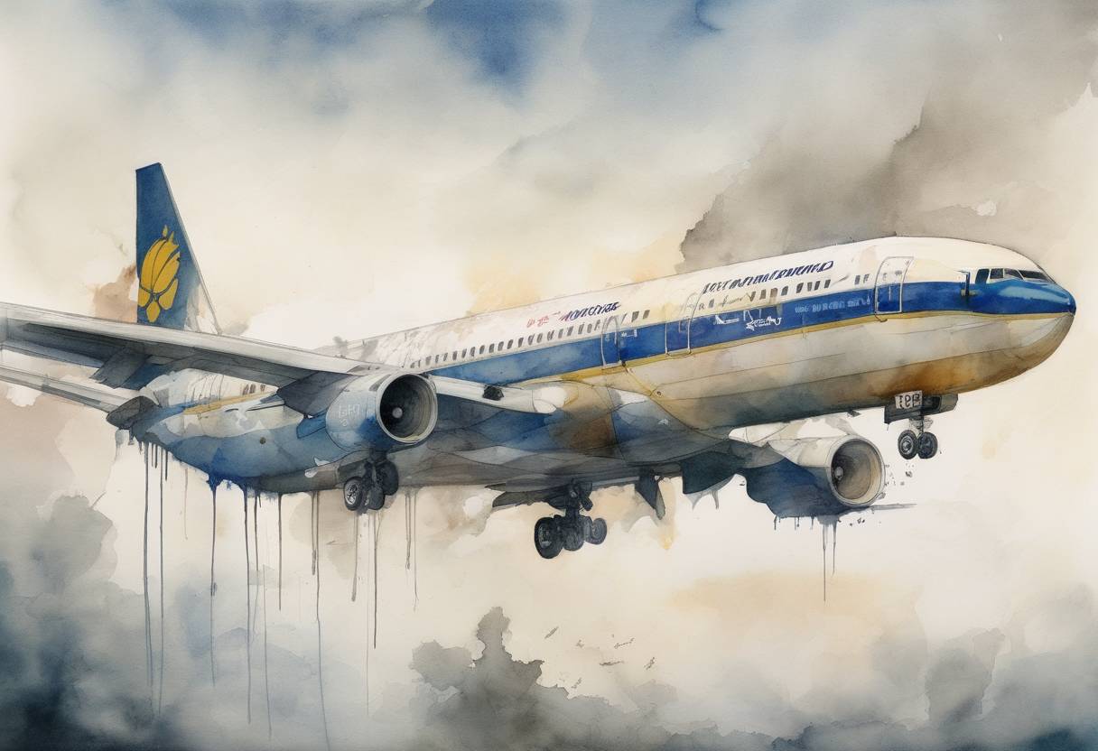 Watercolor painting based depiction of Ukraine International Airlines Flight 752 was shot down by the Iranian military shortly after takeoff from Tehran, killing all 176 people on board. (2020)
