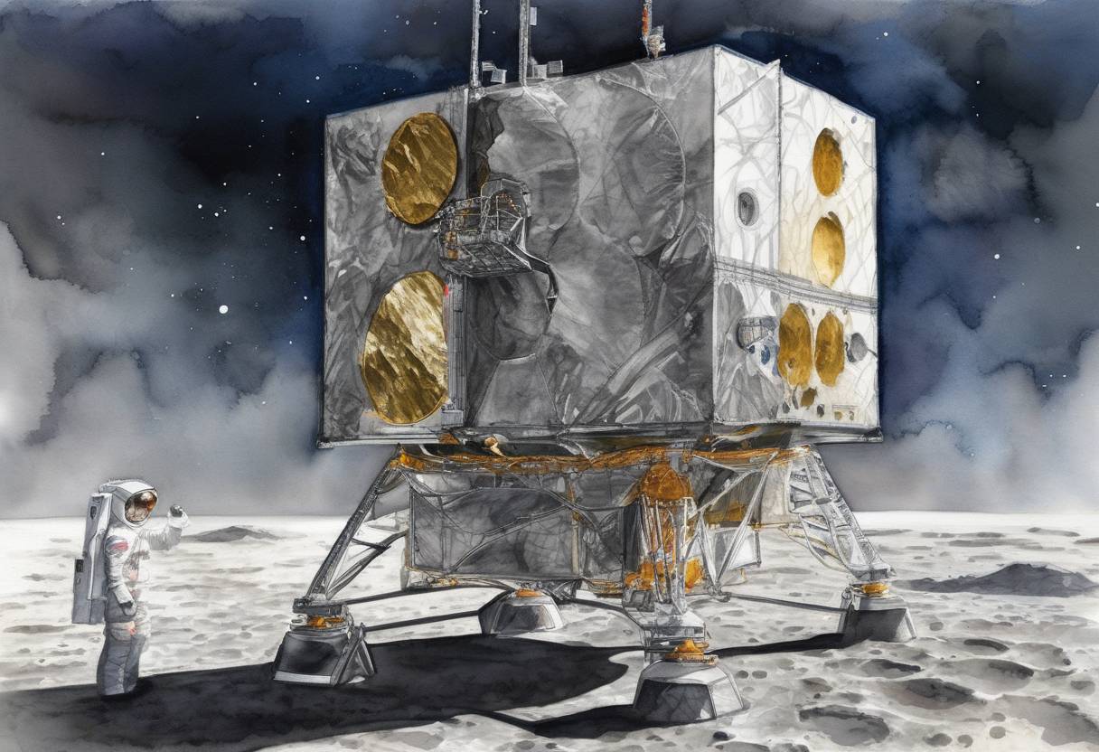 Watercolor painting based depiction of NASA launched the Lunar Reconnaissance Orbiter (LRO) and the Lunar Crater Observation and Sensing Satellite (LCROSS) to the Moon. The mission aimed to map the lunar surface and search for water ice. (2009)