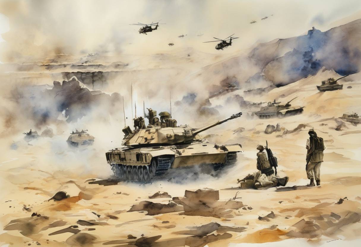 Watercolor painting based depiction of The Yom Kippur War began when a coalition of Arab states led by Egypt and Syria launched a surprise attack on Israel on the Jewish holy day of Yom Kippur. This conflict had significant geopolitical consequences in the Middle East. (1973)