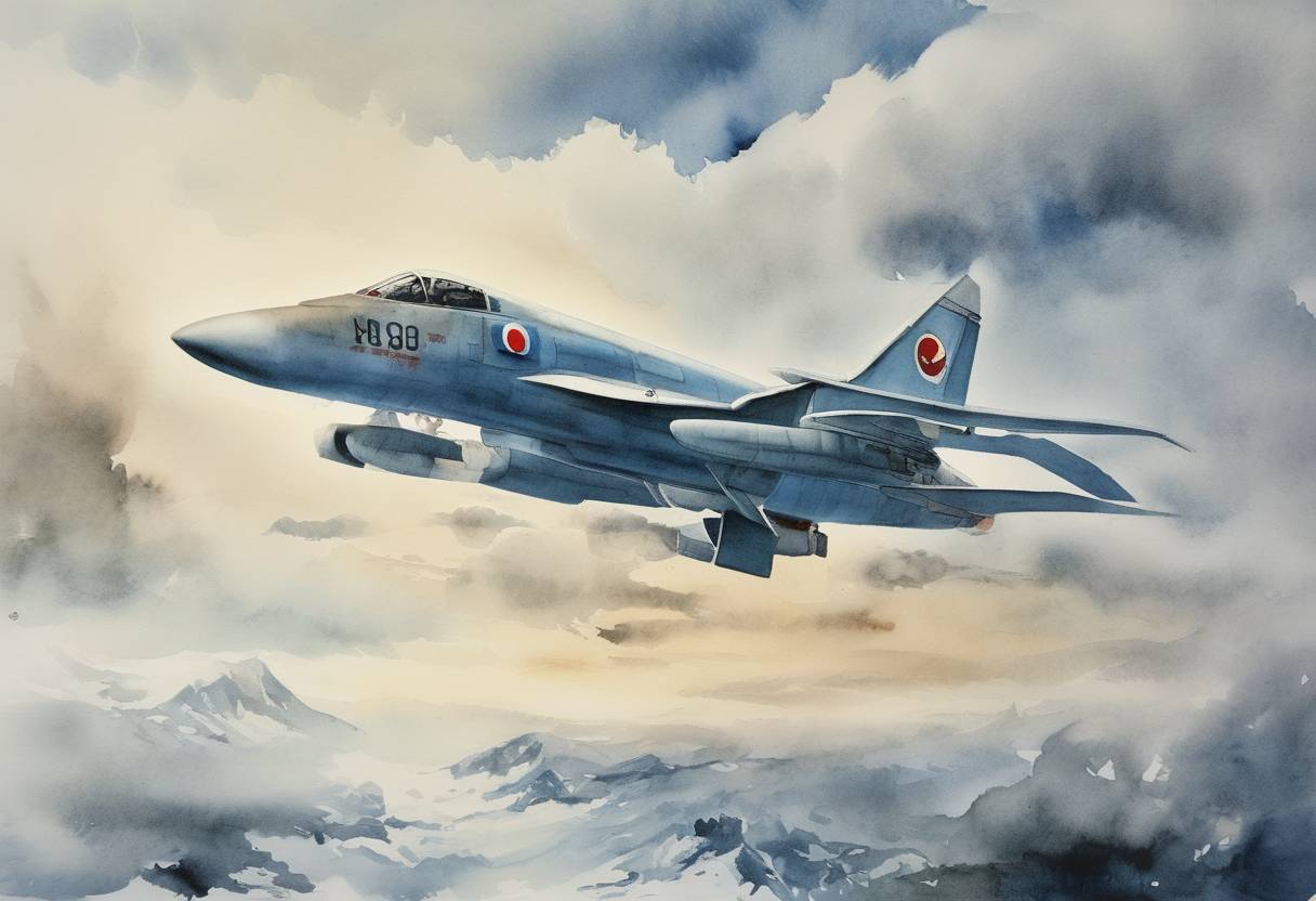 Watercolor painting based depiction of Korean Air Lines Flight 007 is shot down by a Soviet fighter jet after straying into Soviet airspace, escalating Cold War tensions. (1983)